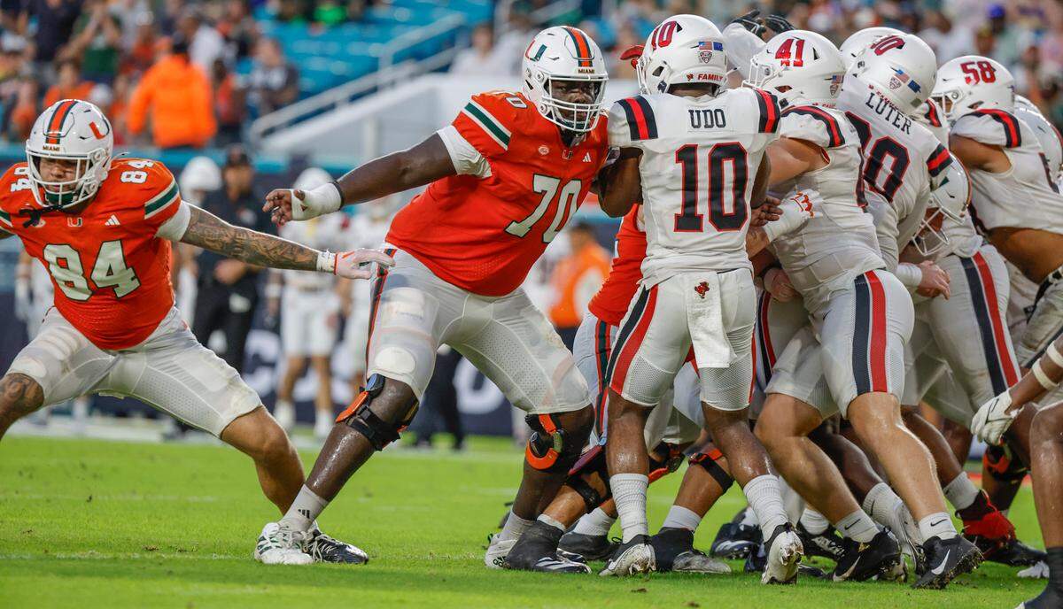Miami Hurricanes offensive lineman Markel Bell (70) blocks against the Ball State Cardinals in the first half of an NCAA football game at Hard Rock Stadium in Miami Gardens, Florida on Saturday, September 14, 2024.