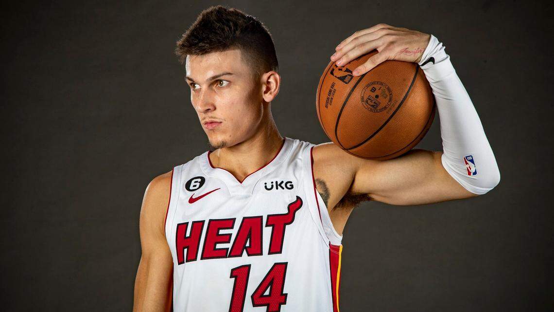 Miami Heat guard Tyler Herro (14) poses for a portrait during Miami Heat Media Day at FTX Arena in Miami on Monday, September 26, 2022.