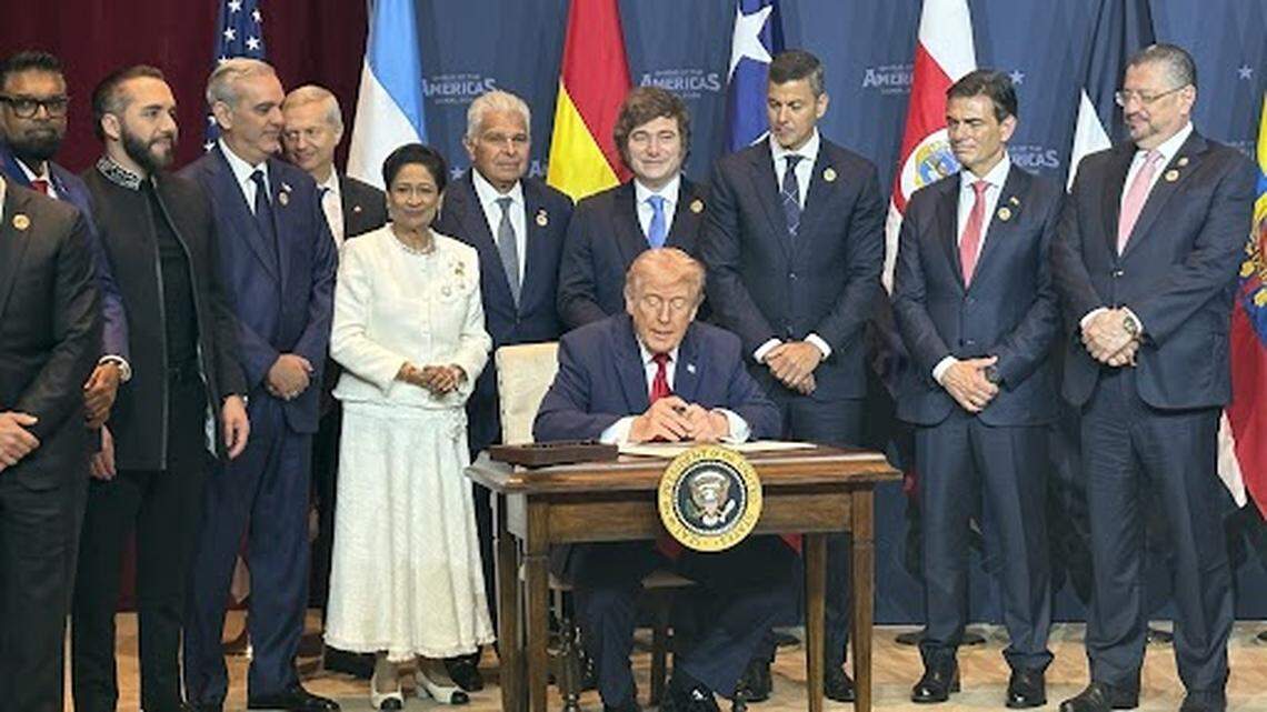 President Donald Trump surrounded by leaders of American states at the first Summit of the Americas on March 7, 2026, at Trump National Doral Miami.