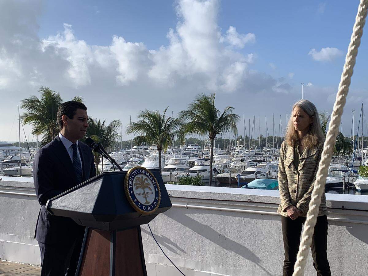 Miami Mayor Francis Suarez and Miami Chief Resilience Office Jane Gilbert introduce the city’s new plan to adapt to climate change, the Miami Forever Climate Ready Strategy, on Thursday, Jan. 23, 2020, on the roof of Miami City Hall.
