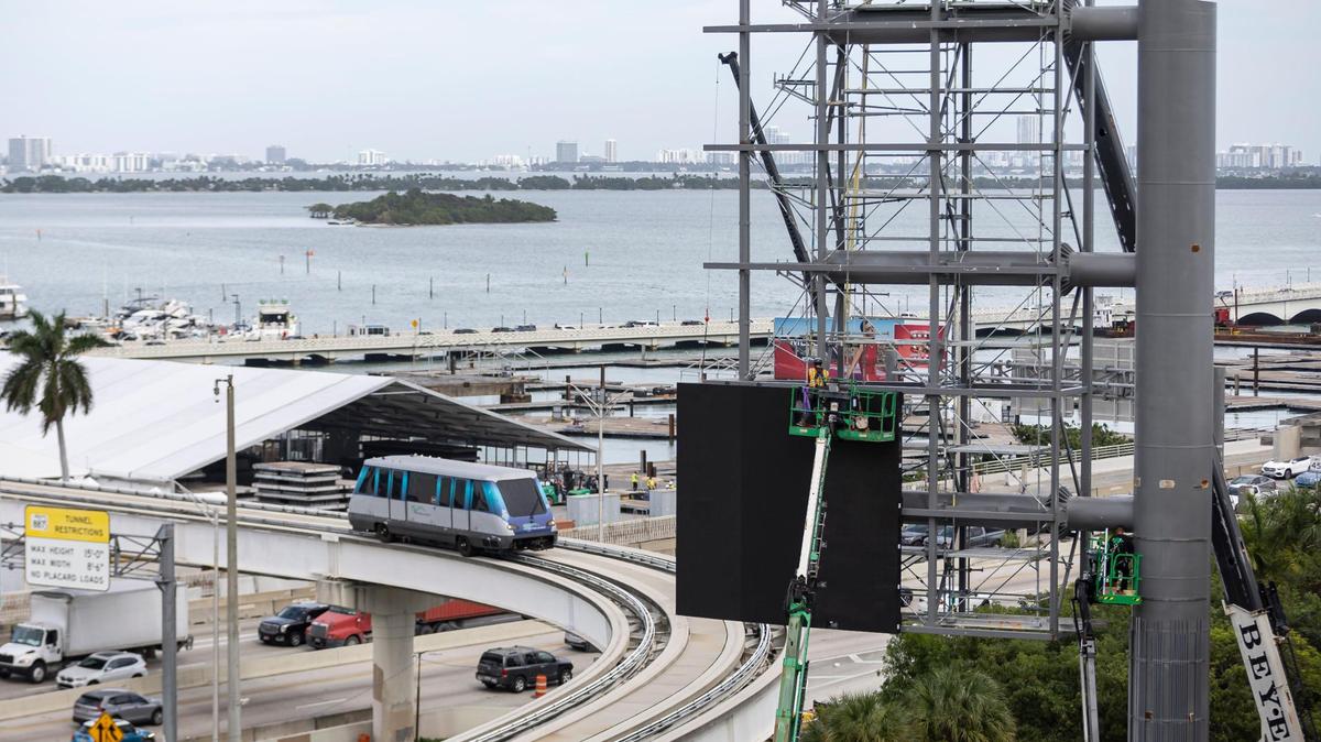 A view of a 10-story LED billboard being constructed next to the Pérez Art Museum Miami on Friday, Jan. 26, 2024, in downtown Miami, Fla. The Miami Downtown Neighbors Alliance is opposed to the construction of the billboard, which will have bright panels facing incoming traffic riding the MacArthur Causeway from the east and west.