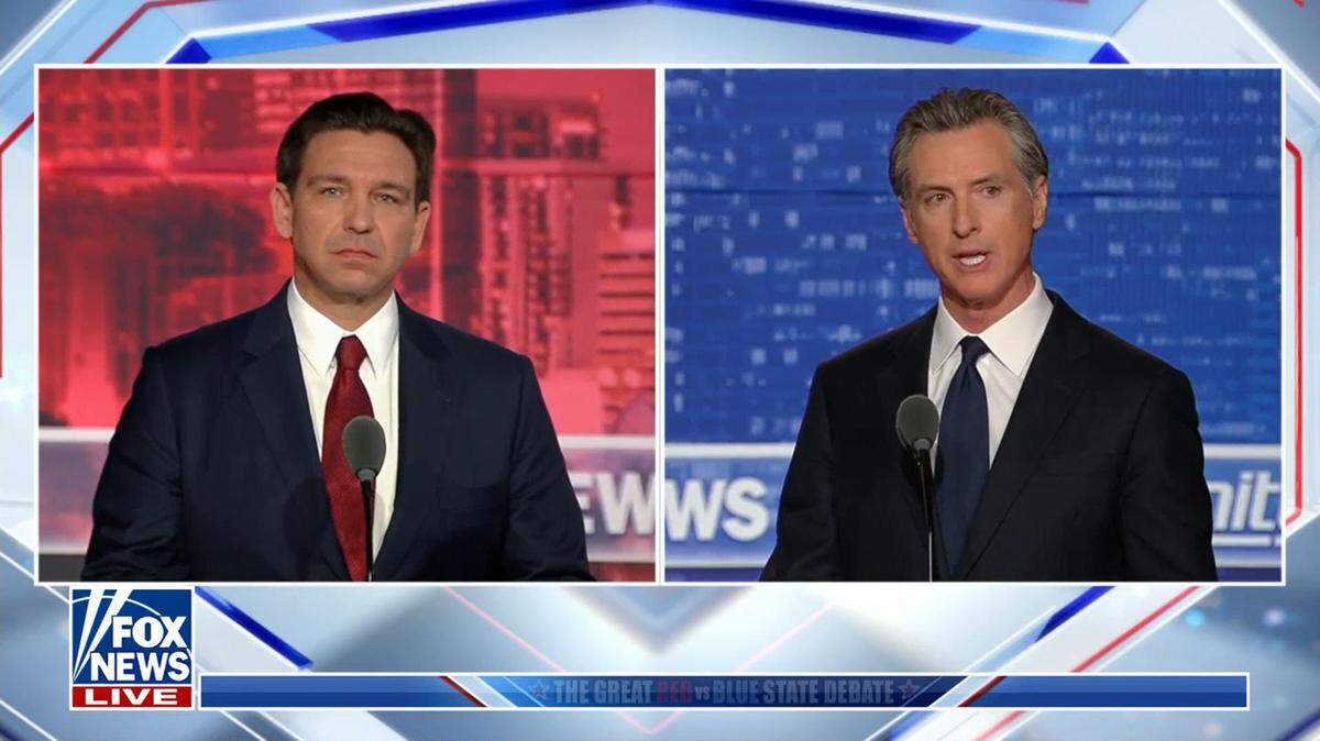 Republican presidential candidate Florida Gov. Ron DeSantis and California Gov. Gavin Newsom faced each other in a debate hosted by Fox News’ Sean Hannity on Thursday, Nov. 30, 2023 in Georgia.