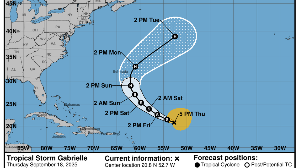 Tropical Storm Gabrielle struggling now, but still expected to hit hurricane status