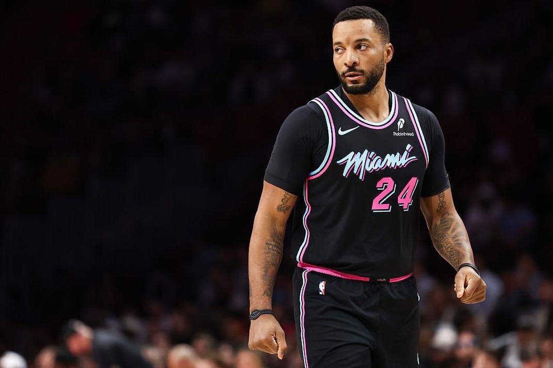Norman Powell #24 of the Miami Heat looks on against the New Orleans Pelicans during the fourth quarter at Kaseya Center on January 04, 2026 in Miami.