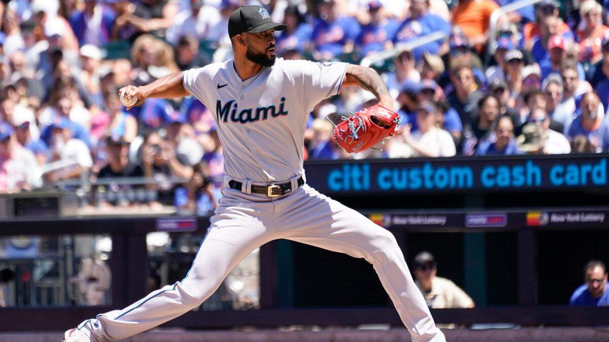 Miami Marlins pitcher Sandy Alcantara delivers against the New York Mets during the first inning of a baseball game, Sunday, July 10, 2022, in New York. (AP Photo/Mary Altaffer)