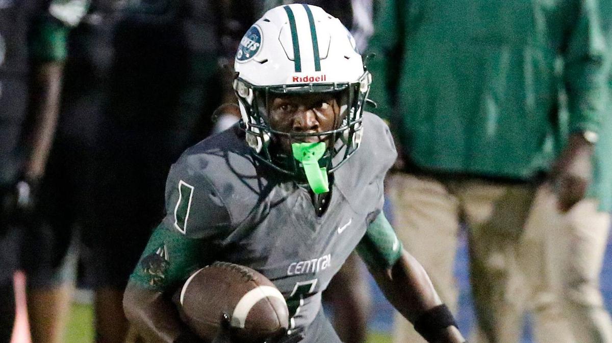 Miami Central Rockets running back Jayden Ford (1) runs the ball against the Booker T. Washington Tornadoes during football game on Saturday, September 7, 2024 at Traz Powell Stadium in Miami.