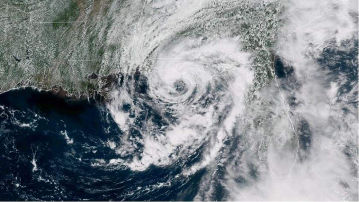 A satellite image shows Tropical Storm Alberto as it nears landfall on the Florida Panhandle and the Gulf Coast in 2018. The first named storm of the season arrived in late May that year, part of a trend of earlier storms scientists say is driven by global warming.