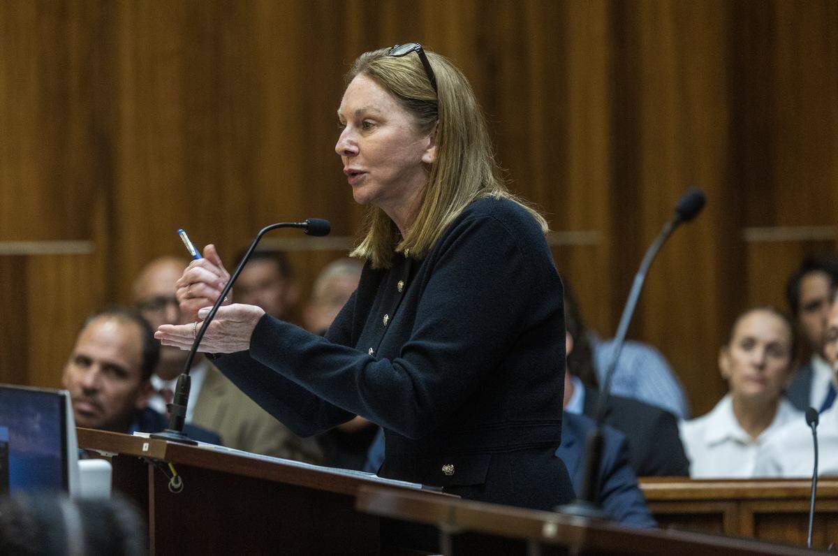 Miami Dade State Attorney Prosecutor Laura Adams addresses Judge Marisa Tinkler Mendez, during a motion hearing of defendant George Pino, as he is facing vessel homicide charges related to the 2022 boat crash that killed an Our Lady of Lourdes Academy student, in Courtroom 4-6 at the Richard E. Gerstein Justice Building, on Wednesday, May 27, 2026.