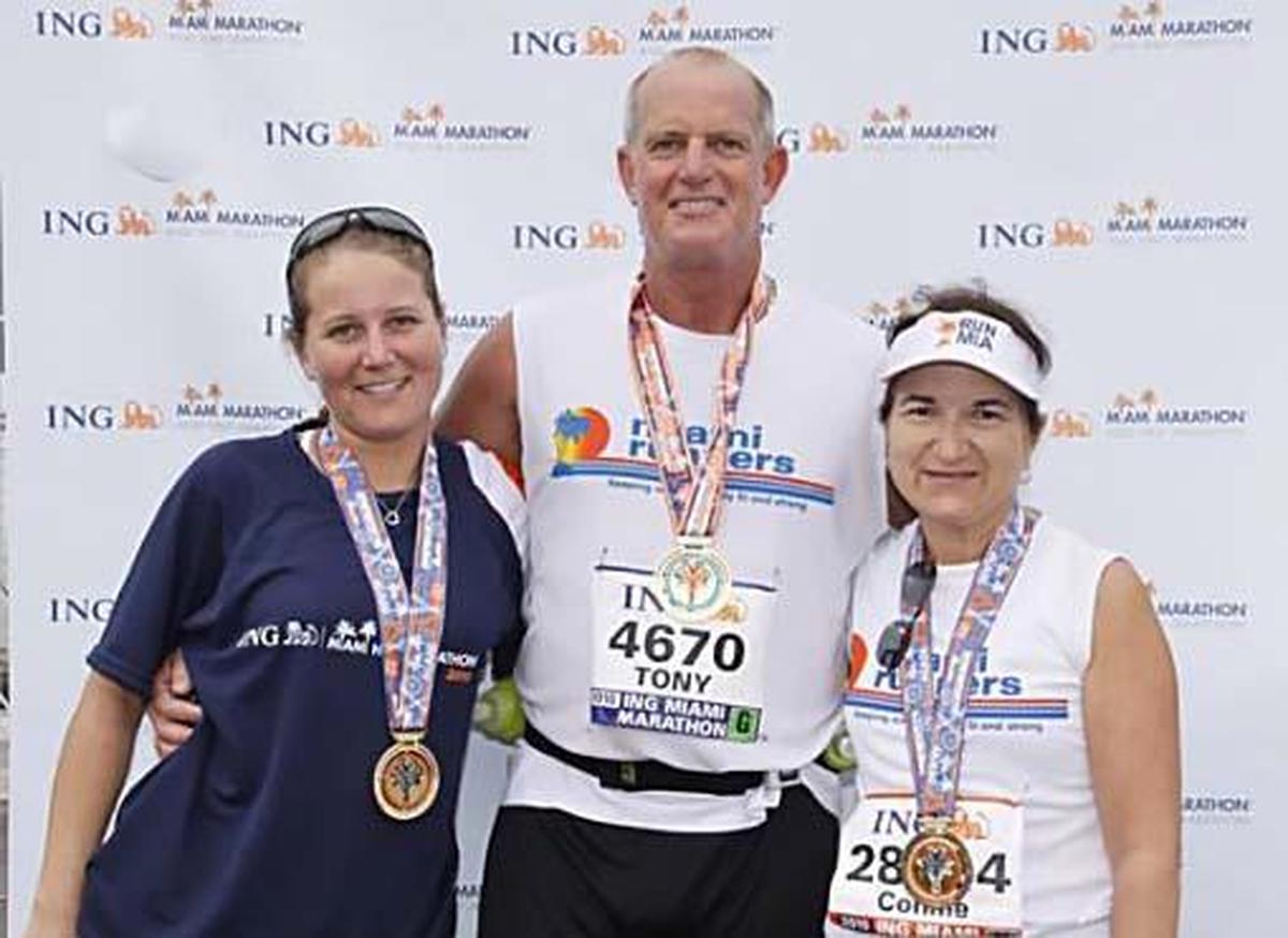 Tony Jones, center, Connie Jones, right, daughter Kim. Tony is running in the Miami Marathon and Half Marathon for the 20th year in a row. He’s run 18 full Miami marathons, one half and will run the half with his family on Sunday.