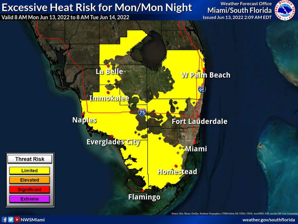 The National Weather Service is forecasting excessive heat in South Florida with the heat index reaching 98-102 degrees. Heat exhaustion is possible.