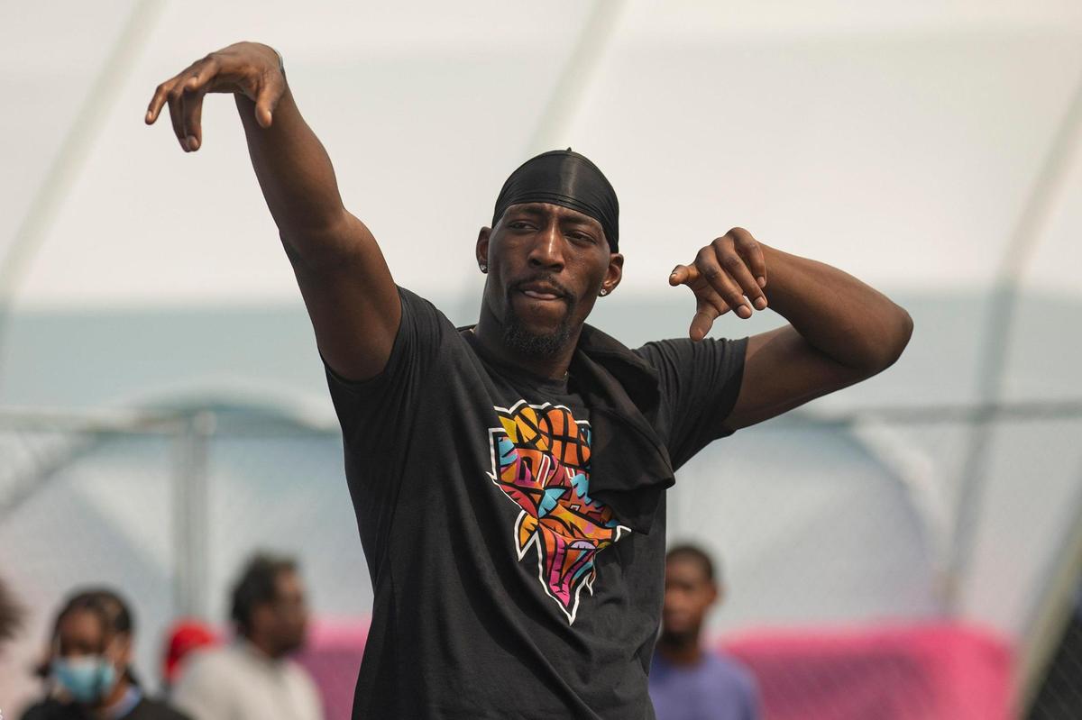 Miami Heat players Bam Adebayo is seen during a clinic of guided instruction on dribbling and passing, strength and conditioning, and shooting form in partnership with Rolling Loud and Afterschool Allstars at Hard Rock Stadium in Miami Gardens, Florida on Thursday, July 21, 2022.