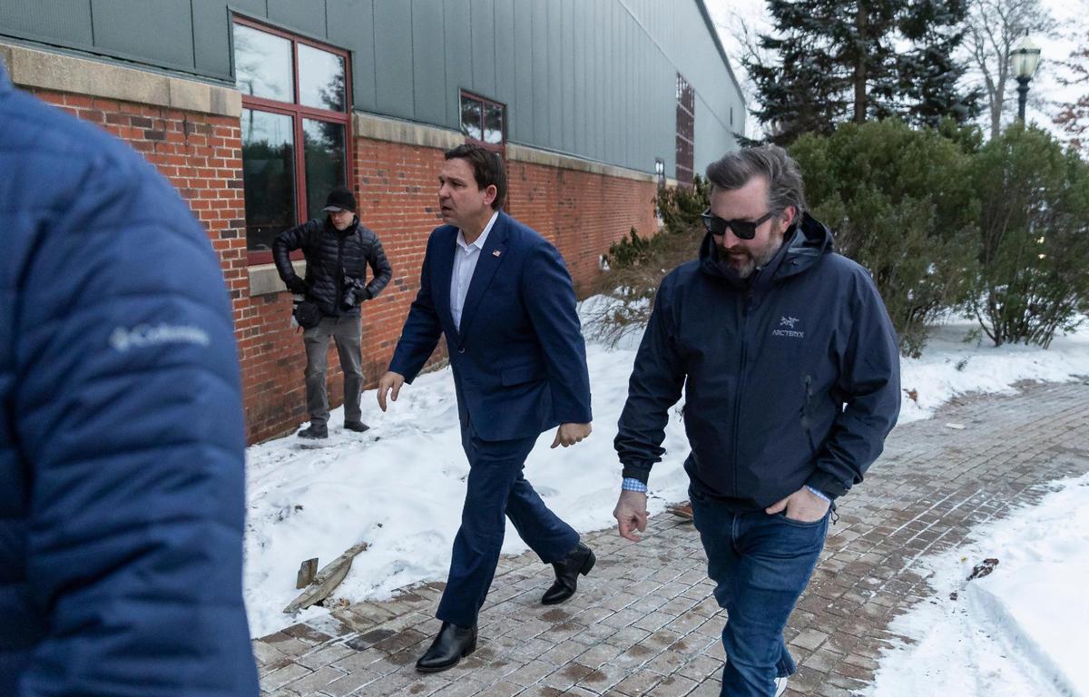 Florida Governor Ron DeSantis makes his way to a press conference outside of the Thomas F. Sullivan Ice Arena on Friday, Jan. 19, 2024, in Manchester, New Hampshire. He ended his campaign two days later.