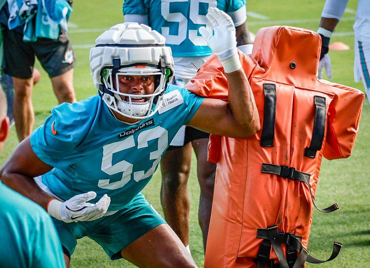 Miami Dolphins linebacker Cameron Goode (53) during practice at Miami Dolphins Training Camp in Miami Gardens, Florida, on Thursday, July 24, 2025. 