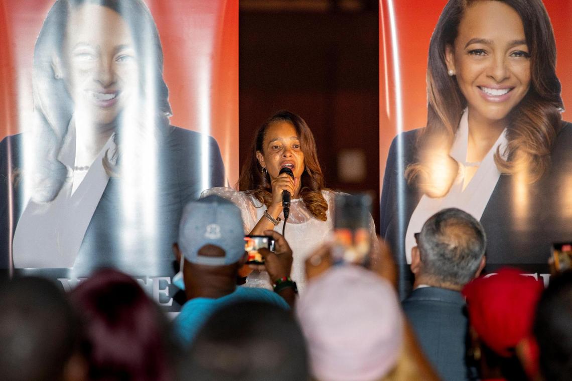 Christine King addresses a crowd of about 70 people after winning the District 5 Commission race at King’s campaign headquarters in Miami’s Liberty City neighborhood on Tuesday, Nov. 2, 2021.