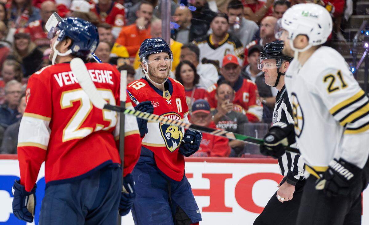 Florida Panthers left wing Matthew Tkachuk (19) reacts after a play against the Boston Bruins in the second period of Game 1 of the second-round series of the Stanley Cup Playoffs on Monday, May 6, 2024, in Sunrise, Fla.