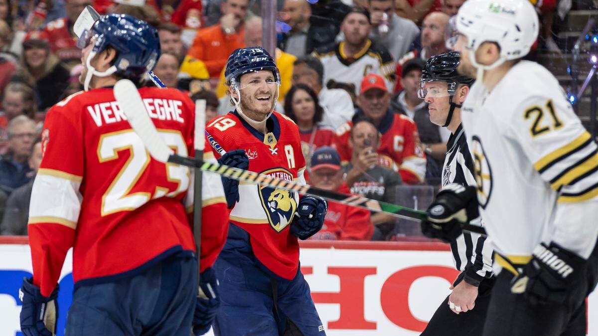 Florida Panthers left wing Matthew Tkachuk (19) reacts after a play against the Boston Bruins in the second period of Game 1 of the second-round series of the Stanley Cup Playoffs on Monday, May 6, 2024, in Sunrise, Fla.