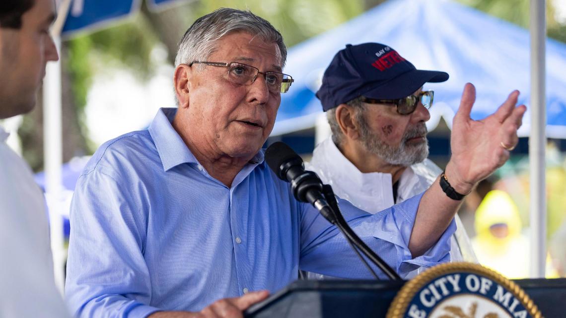 District 4 Commissioner Manolo Reyes speaks during a commemoration event at the Bay of Pigs Memorial Park on Wednesday, April 12, 2023, in Miami.