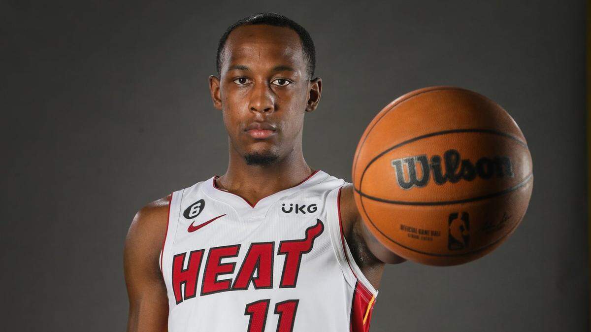 Miami Heat guard Jamaree Bouyea (11) poses for a portrait during Miami Heat Media Day at the FTX Arena in Miami on Monday, September 26, 2022. 