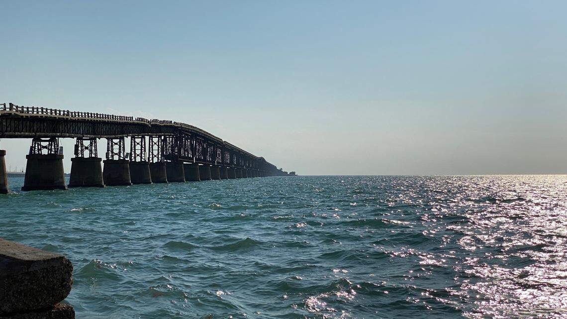 Haze and smoke can be seen in the distance south of the Bahia Honda Railroad Bridge in the Lower Florida Keys Friday morning, March 3, 2023. National Weather Service Key West forecasters say it’s from Cuban sugarcane fires more than 90 miles away.