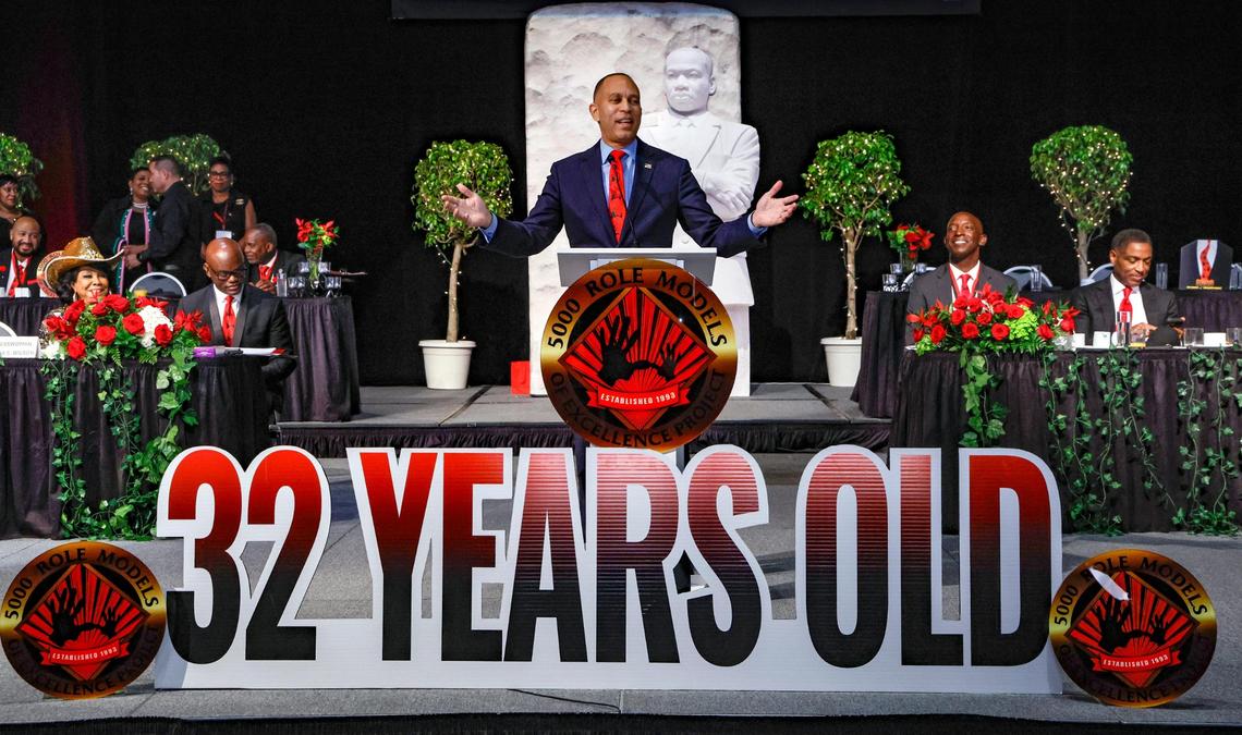House Democratic leader Rep. Hakeem Jeffries (D-NY) speaks during the 5000 Role Models of Excellence Foundation’s 32nd Annual Dr. Martin Luther King, Jr. scholarship breakfast in the Miami Beach Convention Center.