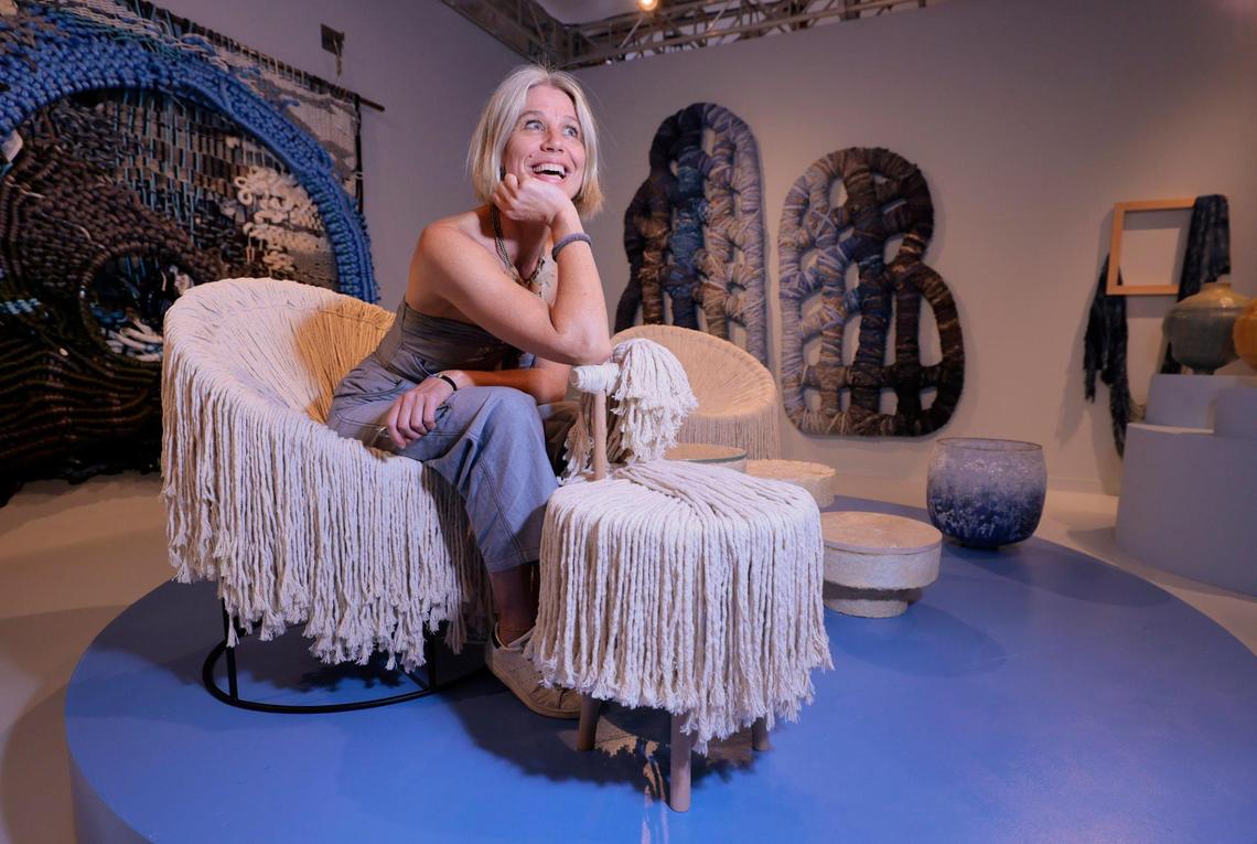 Designer Jula Tüllmann sits in a Puli Chair, inspired by the Hungarian Puli dog, at Design Miami on Miami Beach, Florida on Tuesday, December 3, 2024.