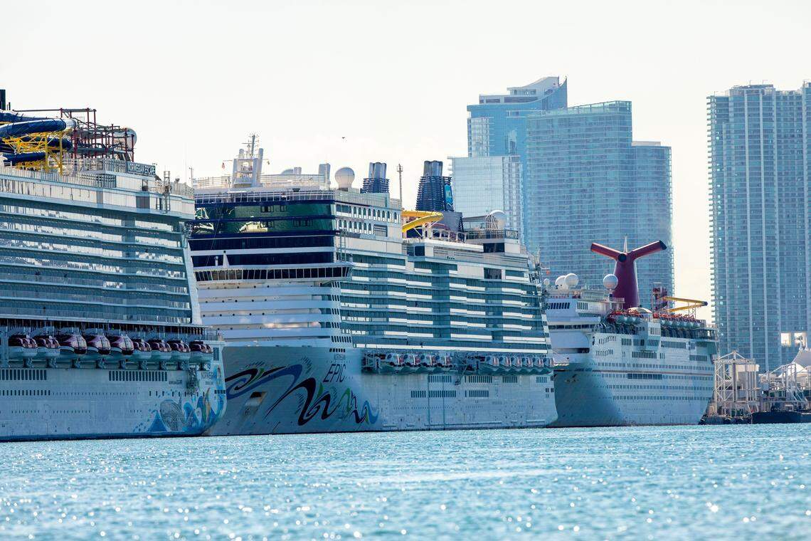 Cruise ships are docked and lined up at PortMiami in Miami. Though the industry remains shut down during the COVID-19 pandemic, ships still visit to refuel.