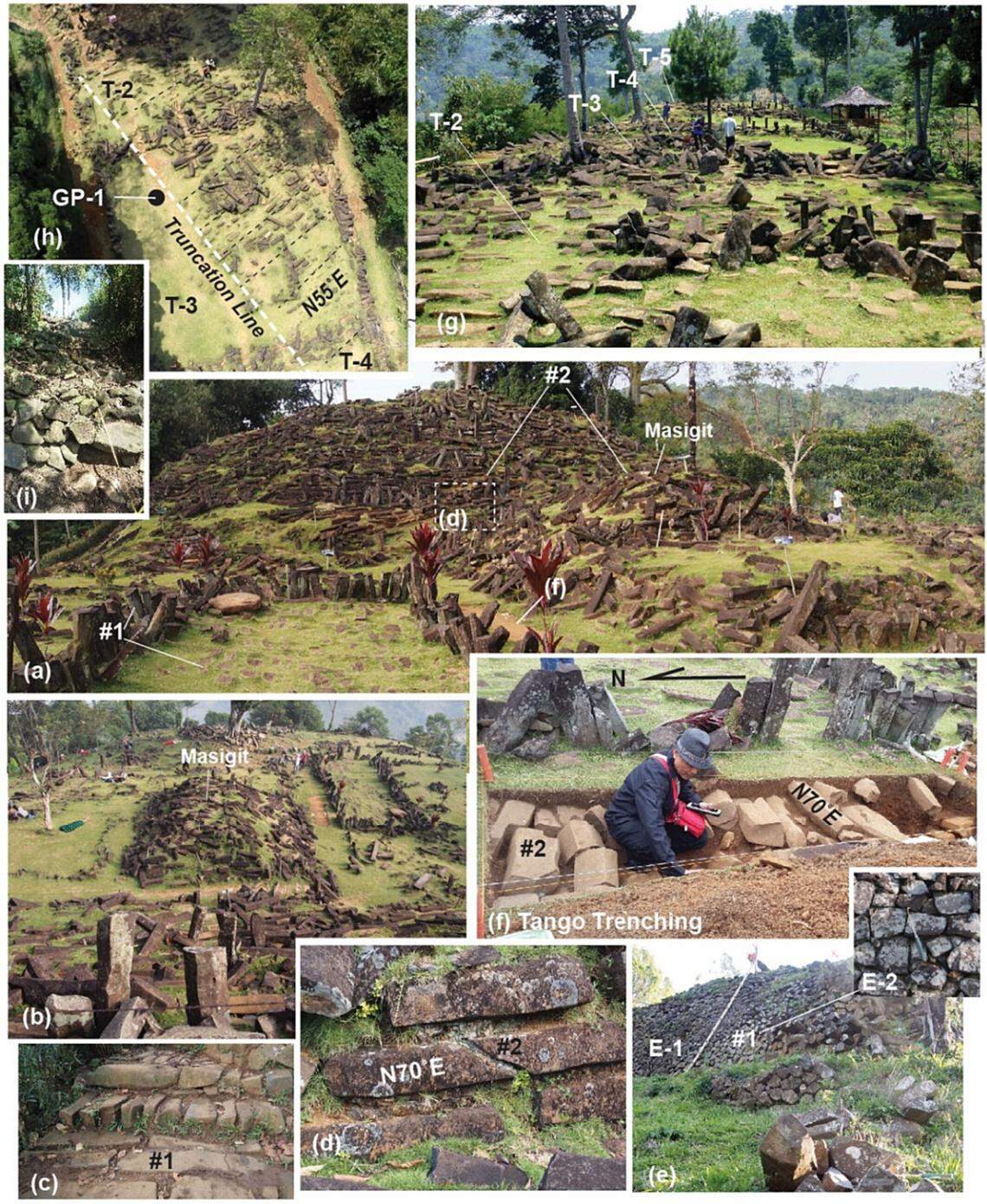A collage of photos shows the exposed rocks atop Gunung Padang.