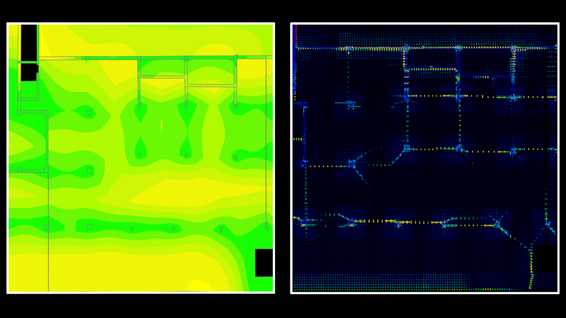 Deflection and steel stress patterns from the LS Dyna model of Champlain Towers South built by engineering professor Dawn Lehman and her team at the University of Washington.