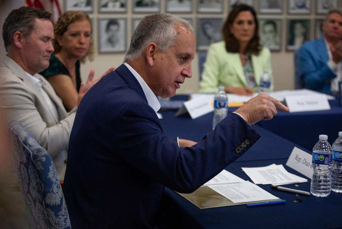 Rep. Mario Diaz-Balart speaks during a roundtable discussion between elected officials and Cuban activists about political prisoners at Assault Bridge 2506 Museum on Monday, July 10, 2023 in Hialeah Gardens, Fla.