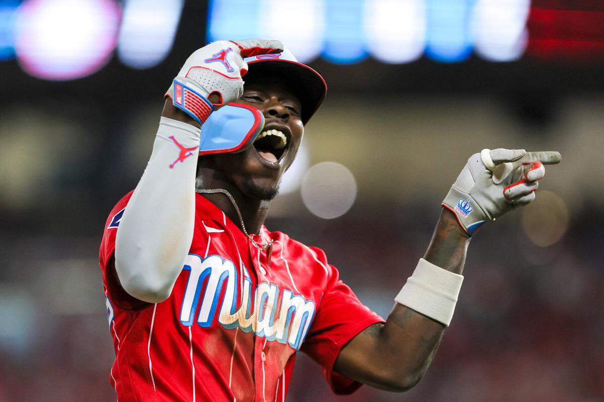 Sep 16, 2023; Miami, Florida, USA; Miami Marlins center fielder Jazz Chisholm Jr. (2) celebrates after hitting a grand slam against the Atlanta Braves during the eighth inning at loanDepot Park. Mandatory Credit: Sam Navarro-USA TODAY Sports