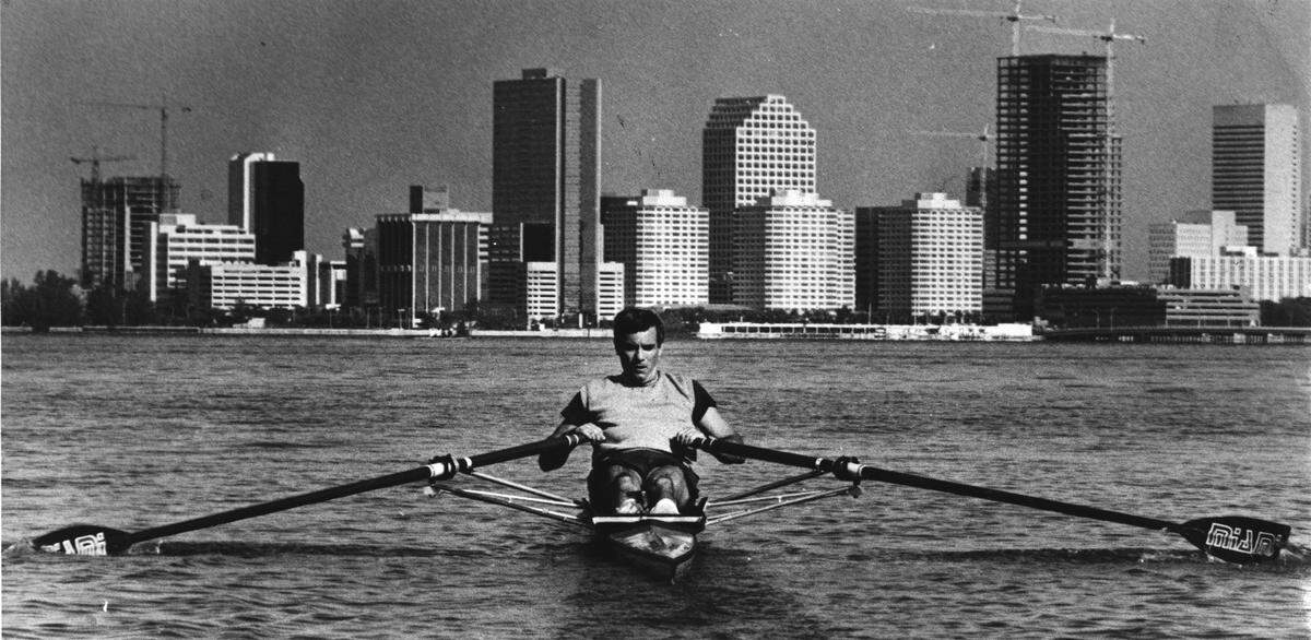 Miami City Manager César Odio doing his daily rowing in Biscayne Bay in this undated file photo. Odio was manager from 1985 to 1996.
