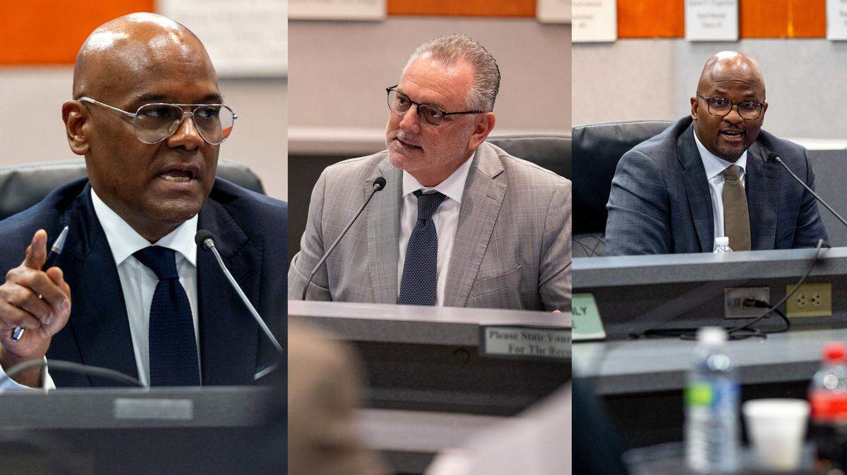 The three finalists for Broward County Public Schools superintendent, from left: Luis Solano, a deputy superintendent for the Detroit Public Schools Community District; Peter Licata, a regional superintendent at Palm Beach County Schools; and Sito Narcisse, the superintendent of East Baton Rouge School District in Louisiana. The Broward School Board is expected to name one as superintendent on Thursday, June 15, 2023.