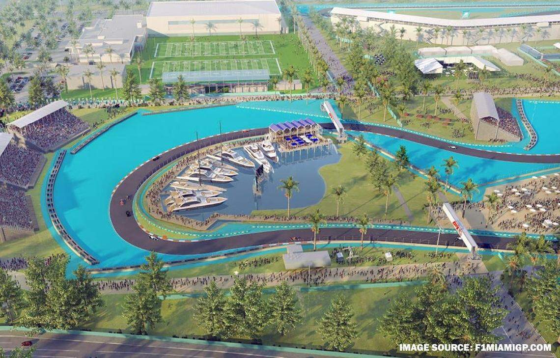The infield of the Miami Grand Prix will include a pool, cabanas and a yacht club. The Formula One race comes to Hard Rock Stadium May 6-8, 2022.