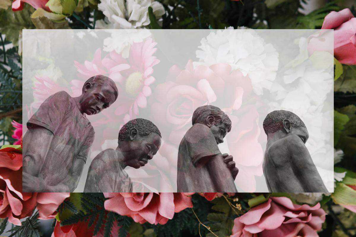Top photo: A memorial dedicated to the victims and survivors of the Dozier School for Boys; Bottom photo: Flowers left outside of “the white house,” a building at Dozier where students were abused. Alicia Vera for The Marshall Project; Collage by Alicia Vera for The Marshall Project and Celina Fang/The Marshall Project