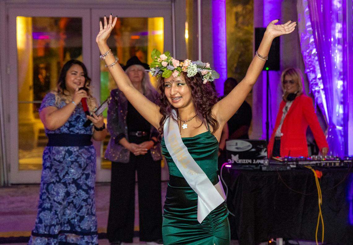 Dr. Michael M. Krop Senior High School’s Victoria Stewart, 16, celebrates after being elected Prom Queen during Safe Schools South Florida’s prom for queer youth. The event provided students with the full prom experience in a welcoming and affirming space at the Vizcaya Museum and Gardens in Miami, Florida, on Saturday, May 31, 2025.