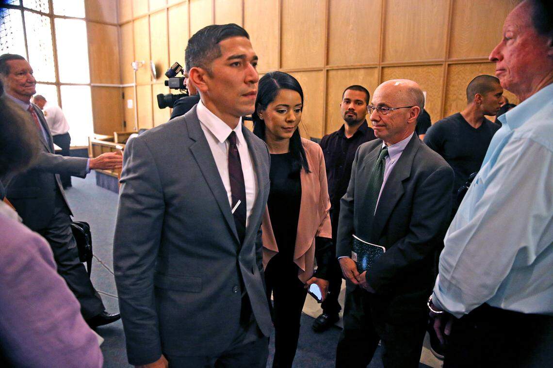 North Miami Beach Police Officer Jonathon Aledda leaves the courtroom after a mistrial in the shooting of a severely autistic man’s caretaker in 2016.