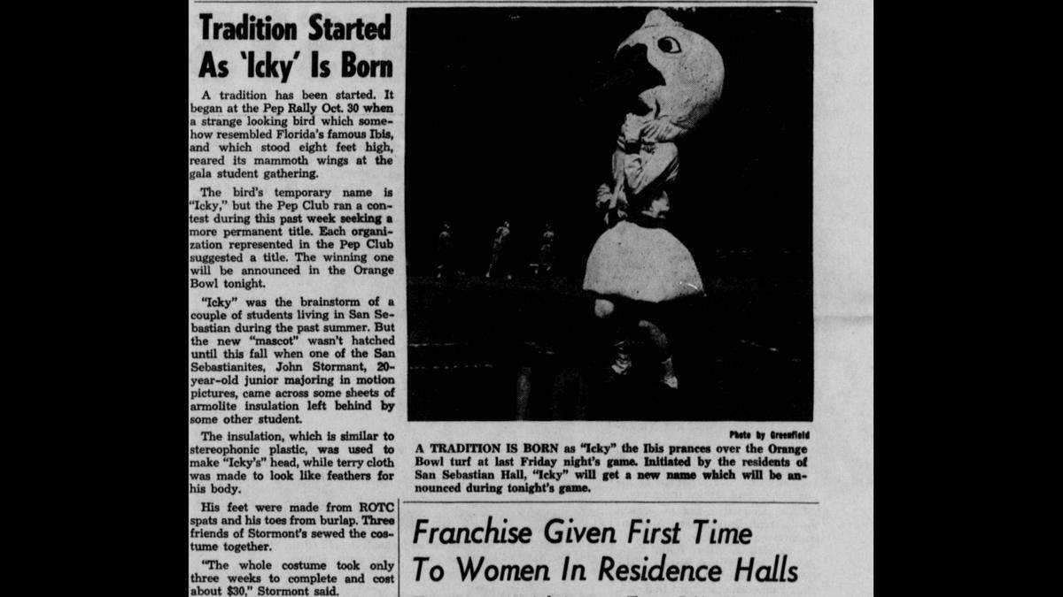 An article about the origins of Sebastian the Ibis (then known as “Icky”) in a 1958 issue of The Miami Hurricane, UM’s student newspaper.