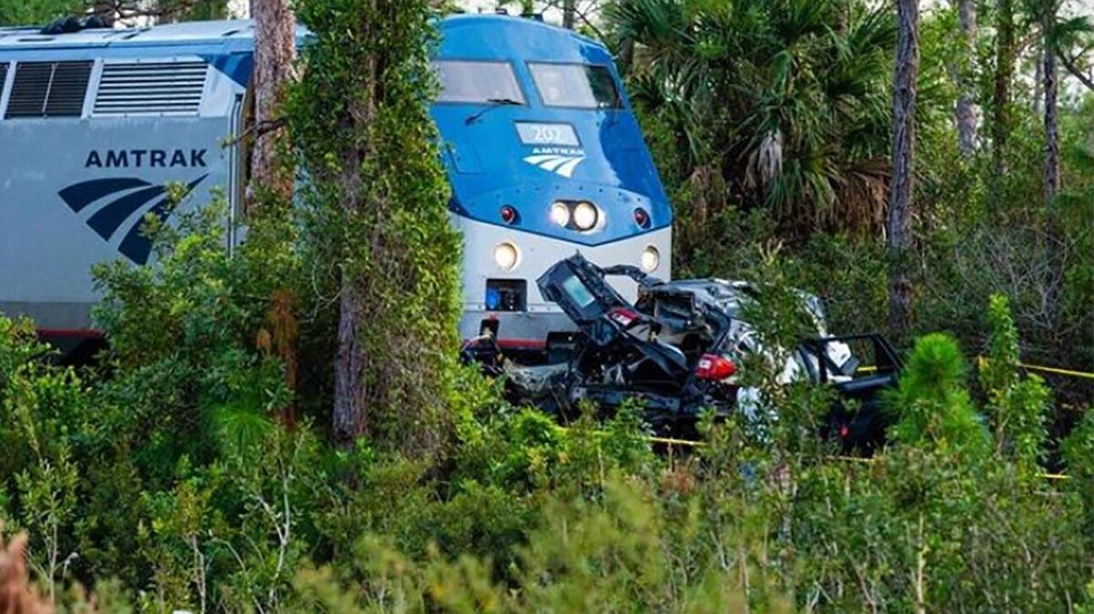 An Amtrak train carrying 200 people collided with an SUV at the entrance of J.W. Corbett Wildlife Managment Area in suburban Jupiter on Saturday, Nov. 23, 2019. The train crossing does not have crossing gates or flashing lights. (Joseph Forzano / The Palm Beach Post).