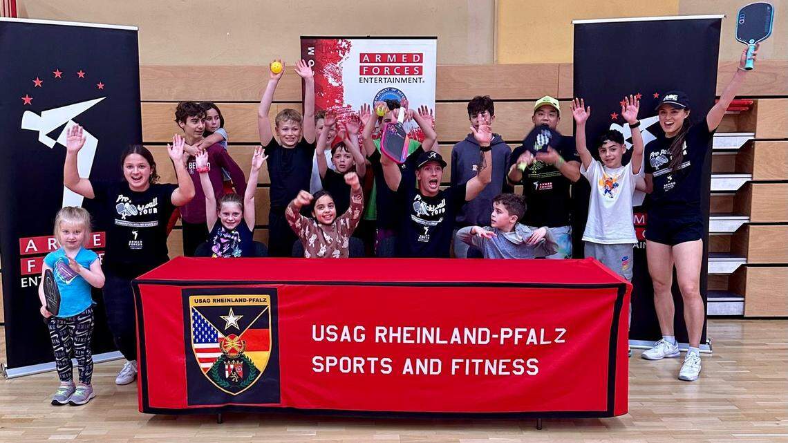 Miami teen Brooke Revuelta, second from left, and three other pro pickleball athletes introduced the sport at a kids’ clinic in Germany during the Armed Forces Entertainment Goodwill Pro Pickleball Military Tour.