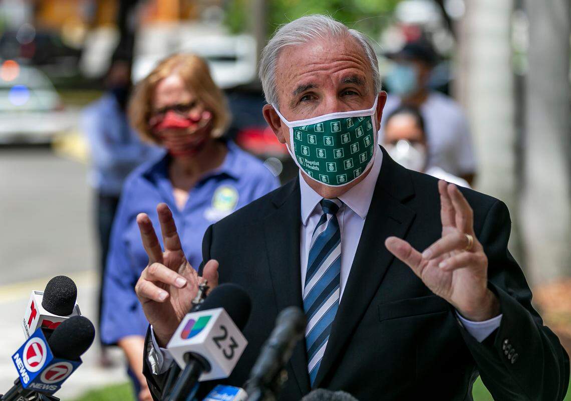 Miami-Dade Mayor Carlos Gimenez, seen here during a press conference on July 13, 2020, has not lifted the moratorium on evictions which he announced on March 12 due to the coronavirus emergency.