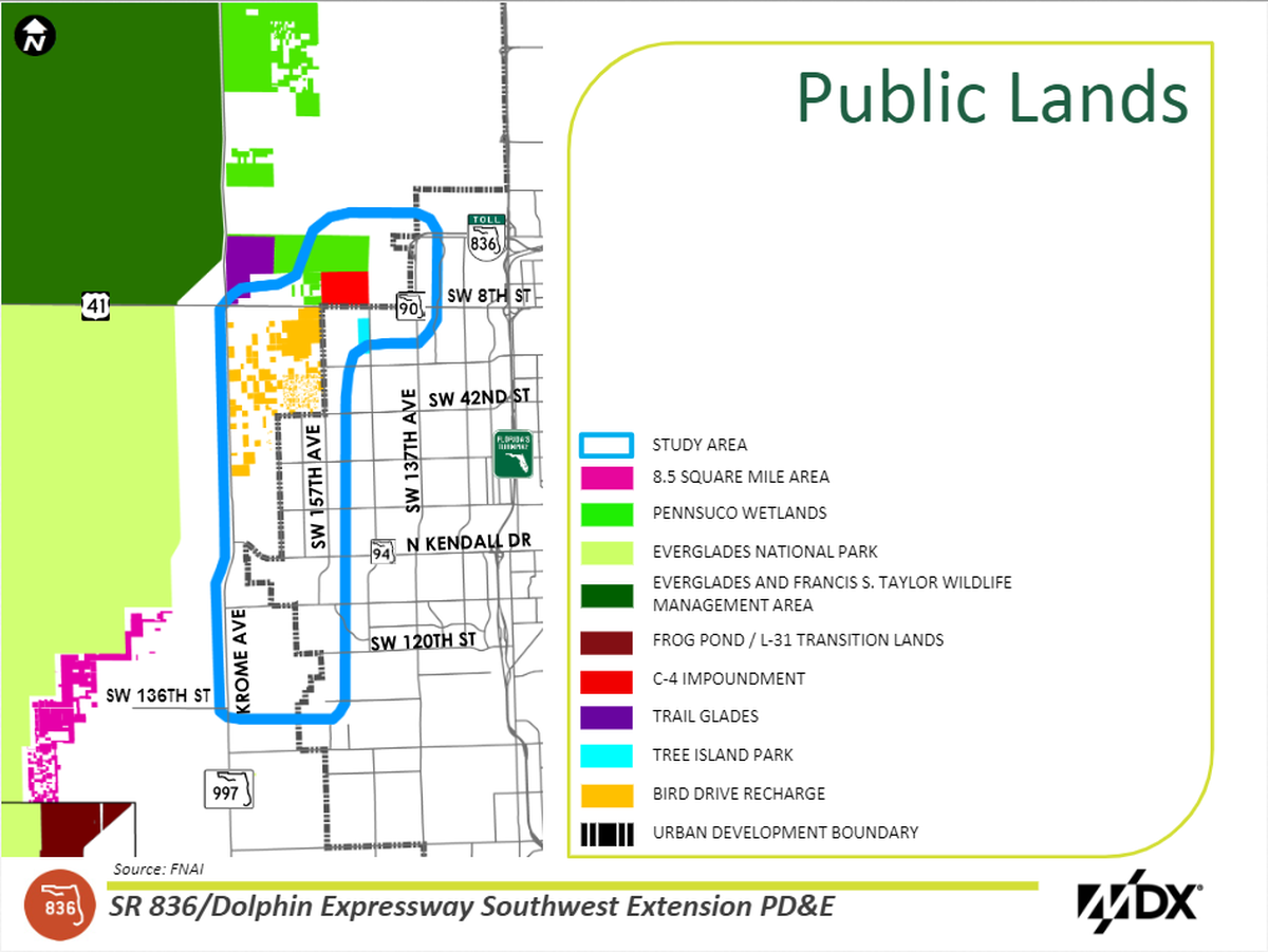 The Bird Drive Basin, which the highway will cross, was originally part of the Everglades Shark River Slough and includes wetlands targeted for an Everglades restoration project. Source: MDX