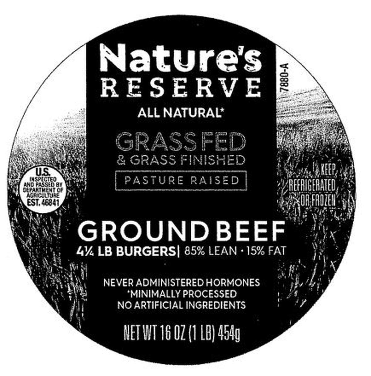 The label for Nature’s Reserve Grass Fed Ground Beef Patties