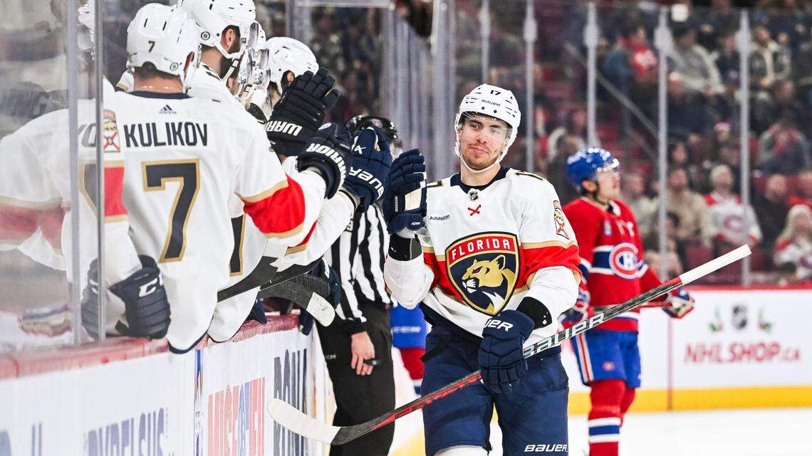 Nov 30, 2023; Montreal, Quebec, CAN; Florida Panthers center Evan Rodrigues (17) celebrates his goal against the Montreal Canadiens with his teammates at the bench during the third period at Bell Centre.