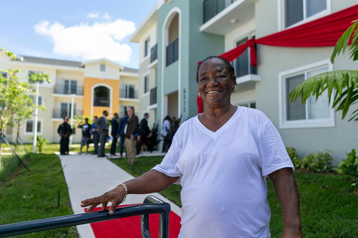Sharon Gregory, 63, attends the grand opening of the first phase of the Liberty Square redevelopment in Miami, Florida, on Monday, July 1, 2019. Gregory has lived in Liberty Square for 17 years. She was the first resident to be relocated to one of the new apartments.