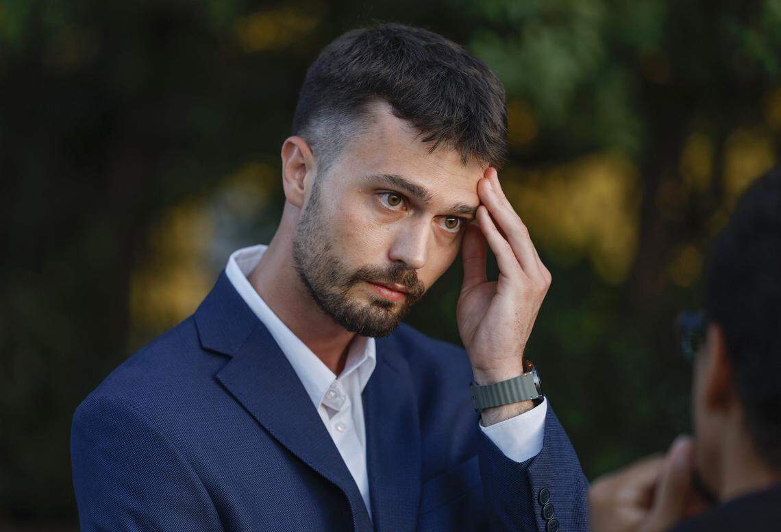 Matteo Falcinelli, 26, was hog-tied by North Miami Beach police in a jail holding cell in 2024,  according to police body-camera footage. Faclinelli  then an FIU student from Italy, was arrested outside Dean's Gold, a strip club in North Miami Beach, Florida. He is shown here outside the club on Friday, May 2, 2025. 