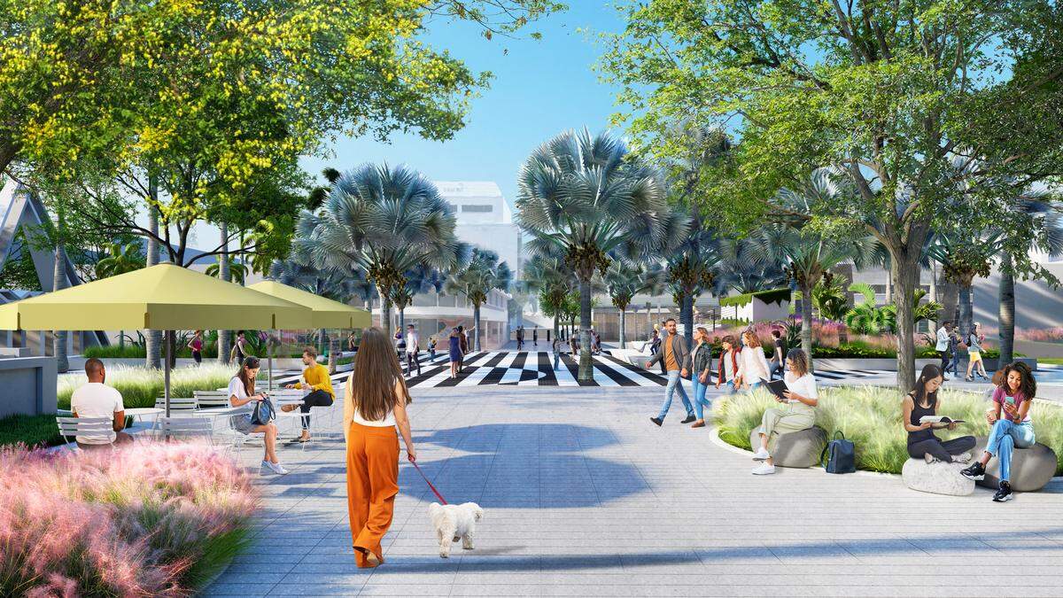 An architectural rendering shows how a section of Lincoln Road Mall in Miami Beach will look after a long-delayed renovation that’s now under way is completed.