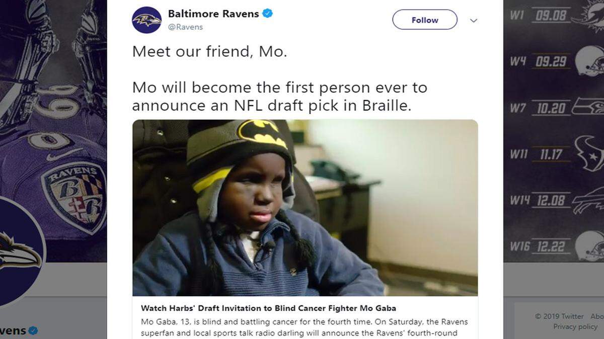 The Baltimore Ravens will have 13-year-old Mo Gaba, a superfan battling cancer and is blind, read off their fourth-round NFL Draft pick using braille. It will be the first time in NFL Draft history.