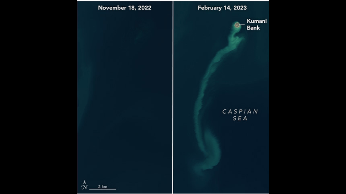 An island appeared in the Caspian sea between Europe and Asia, and scientists say it was formed by a sunken mud volcano.