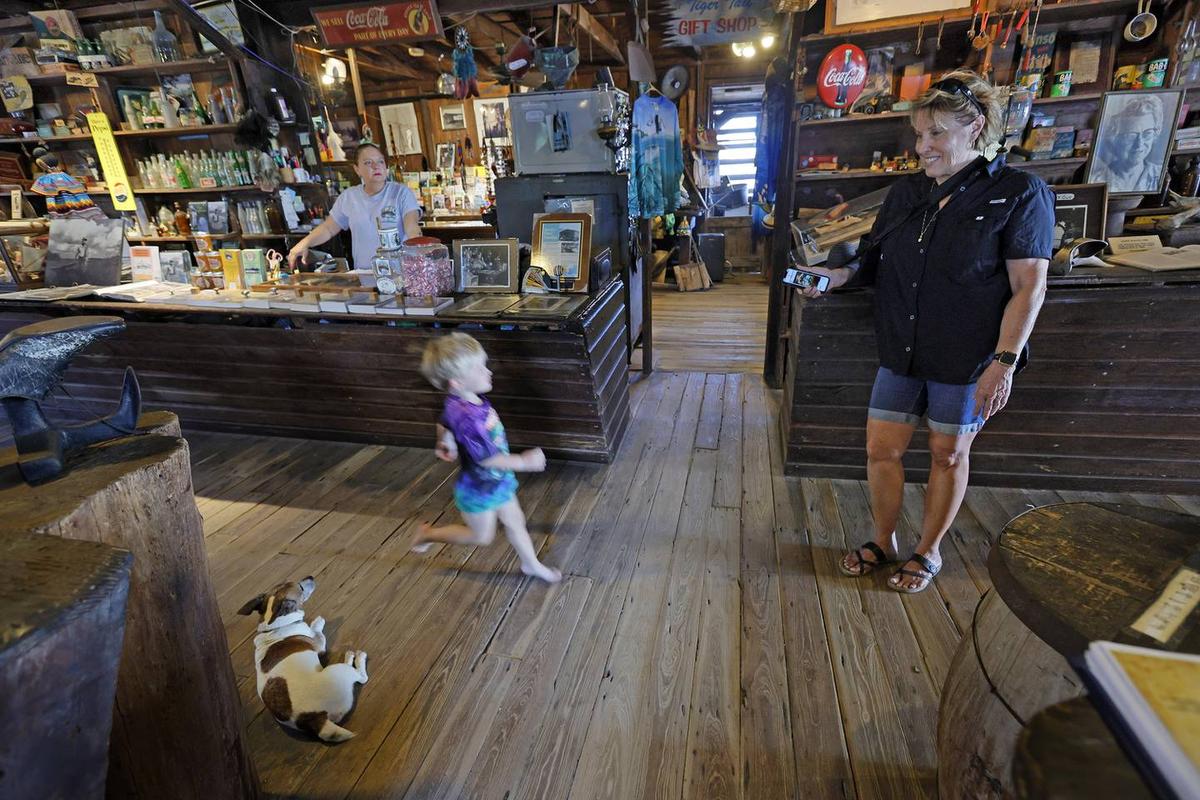 Remington Taylor, 2, runs to see his grandmother, museum director Lynn McMillin, of Chokoloskee, as Sam the dog lays on the floor at the Smallwood Store on Friday.