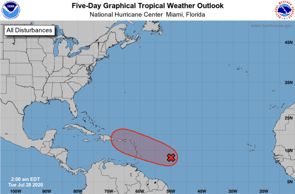 A disturbance that is traveling west through the Atlantic on Tuesday has an 80% to 90% chance of developing into a tropical depression or a tropical storm in the next few days, according to the National Hurricane Center.